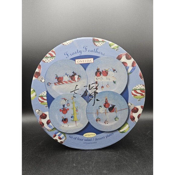 Vintage Oneida Frosty Feathers Stoneware Salad Dessert Plates Set Of 4 - Picture 1 of 8